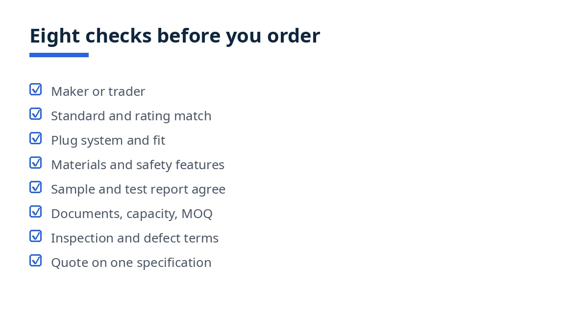 Diagram: eight checks for switches and sockets suppliers in Bangladesh