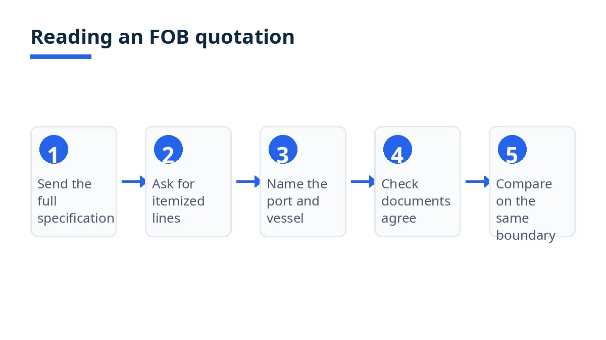 Diagram: five steps to read an FOB quotation, from specification to comparison