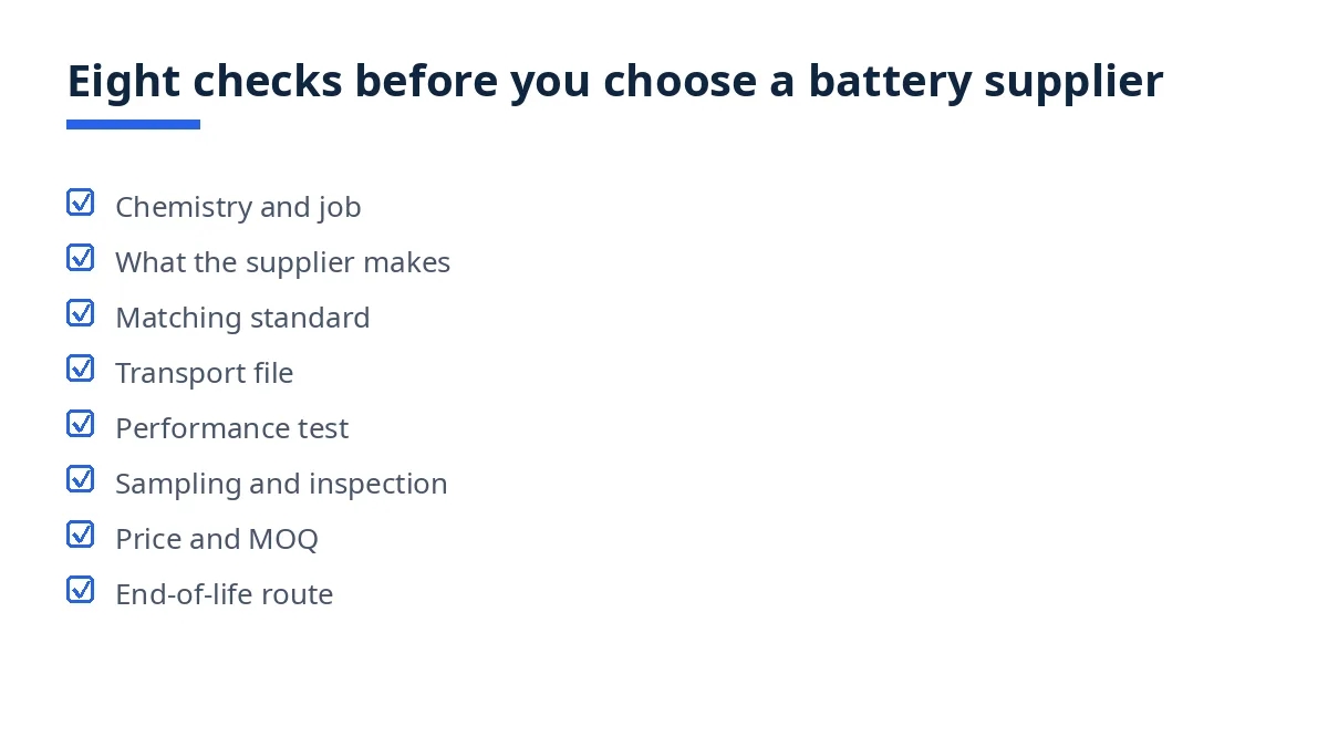 Diagram: eight checks for choosing a battery supplier in Bangladesh