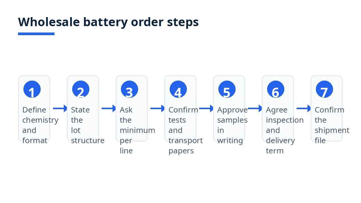 Diagram: seven steps to buy wholesale batteries, from defining chemistry to confirming documents