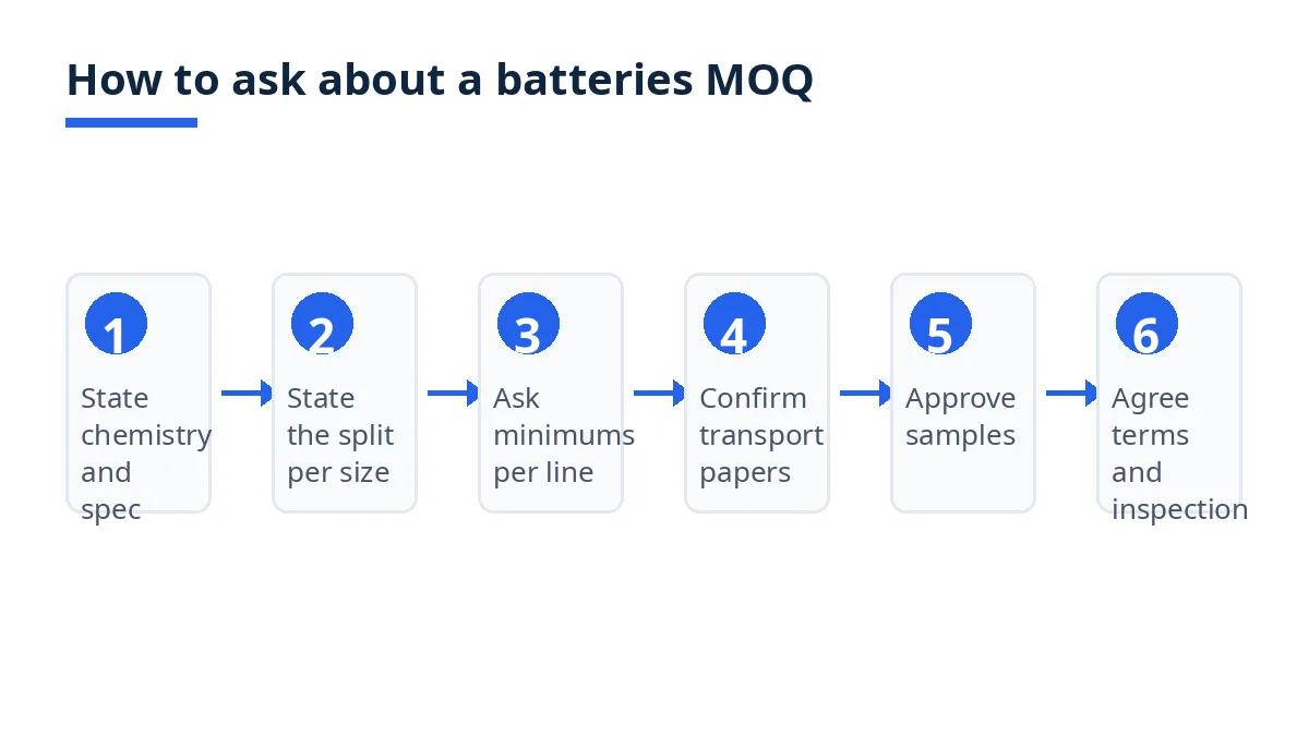 Diagram: steps to ask about a batteries MOQ, from specification to agreed terms