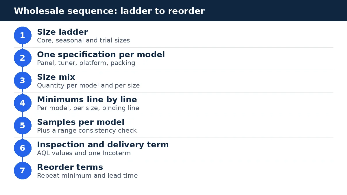 Diagram: seven wholesale steps, from size ladder to reorder terms