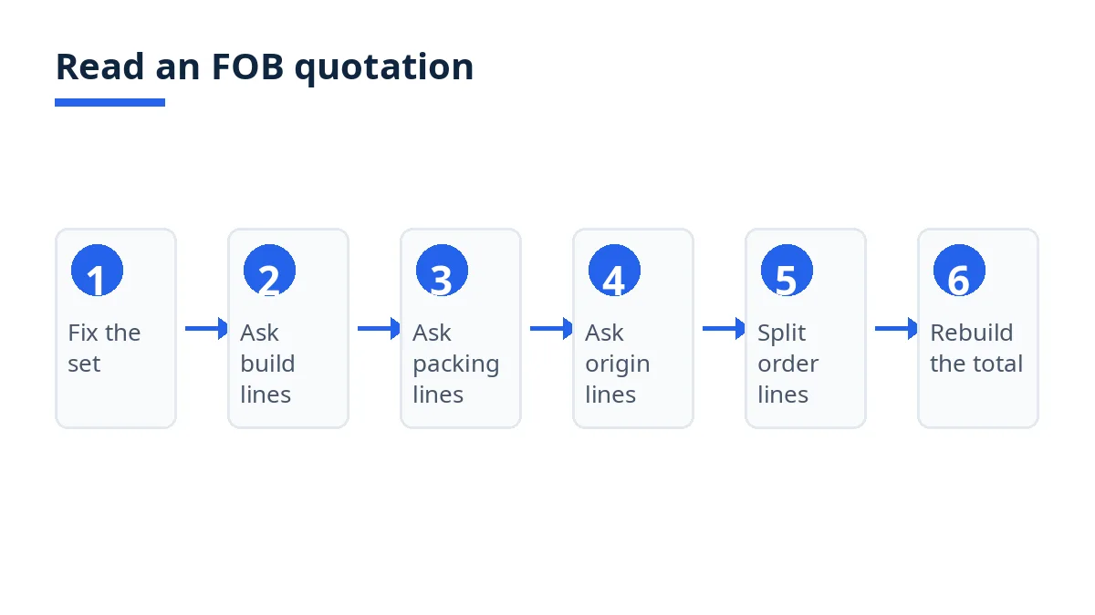 Diagram: six steps to read a television FOB quotation, from specification to rebuilt total
