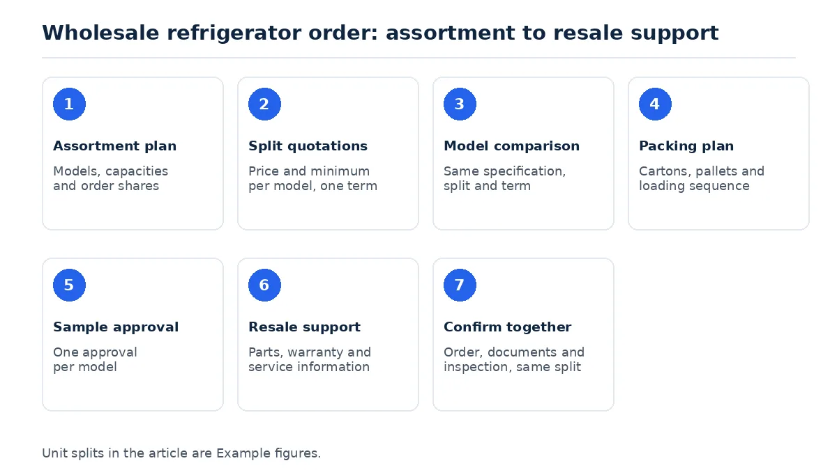 Diagram: seven steps for a wholesale refrigerator order, from assortment plan to confirming together