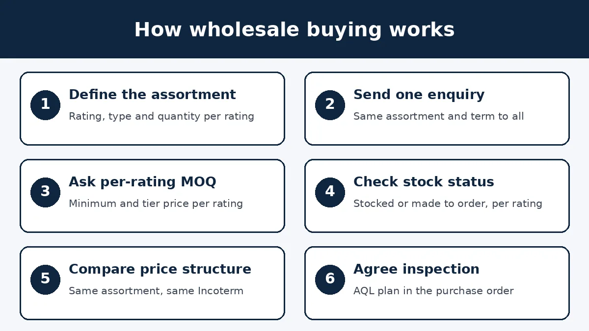Diagram: six steps to buy wholesale power transformers, from assortment to inspection