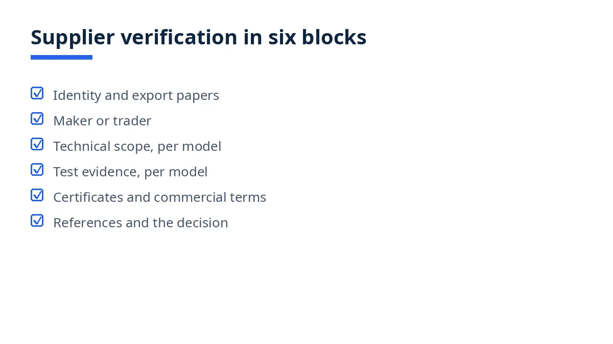Diagram of the supplier verification checklist in six blocks, from identity papers to references and decision