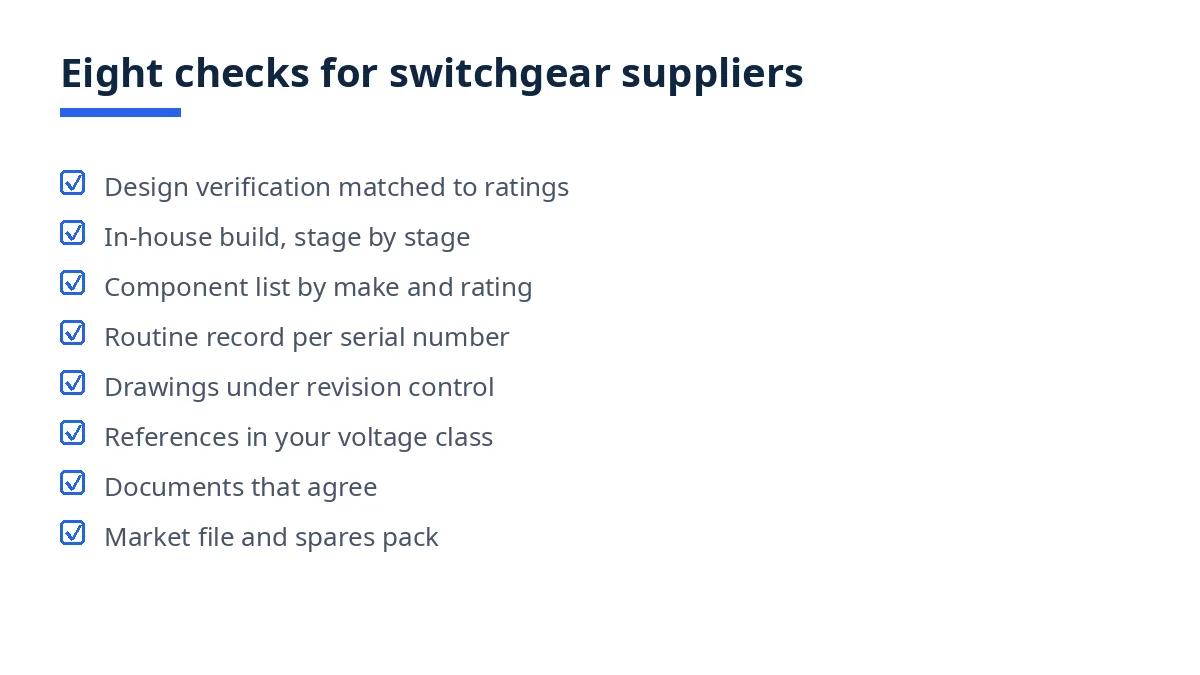 Diagram: eight checks for switchgear manufacturers in Bangladesh, from design verification to market file