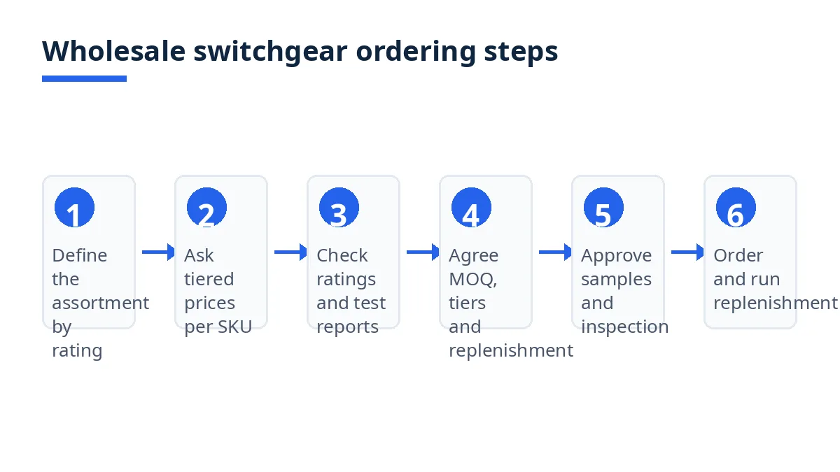 Diagram: six wholesale switchgear ordering steps, from assortment to replenishment