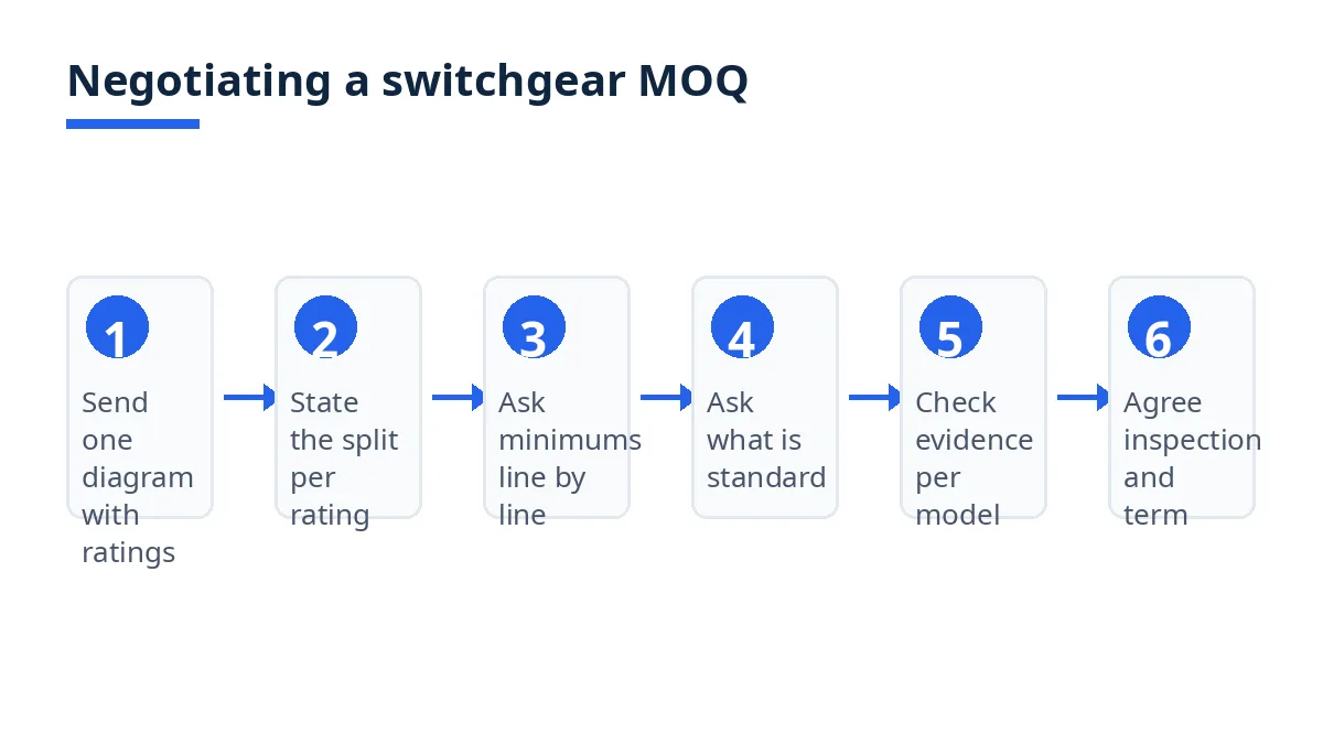 Diagram: six steps for negotiating a switchgear MOQ, from diagram to written agreement