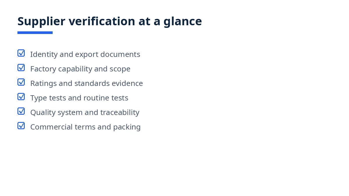 Diagram of the supplier verification checklist in six blocks, from documents to commercial terms