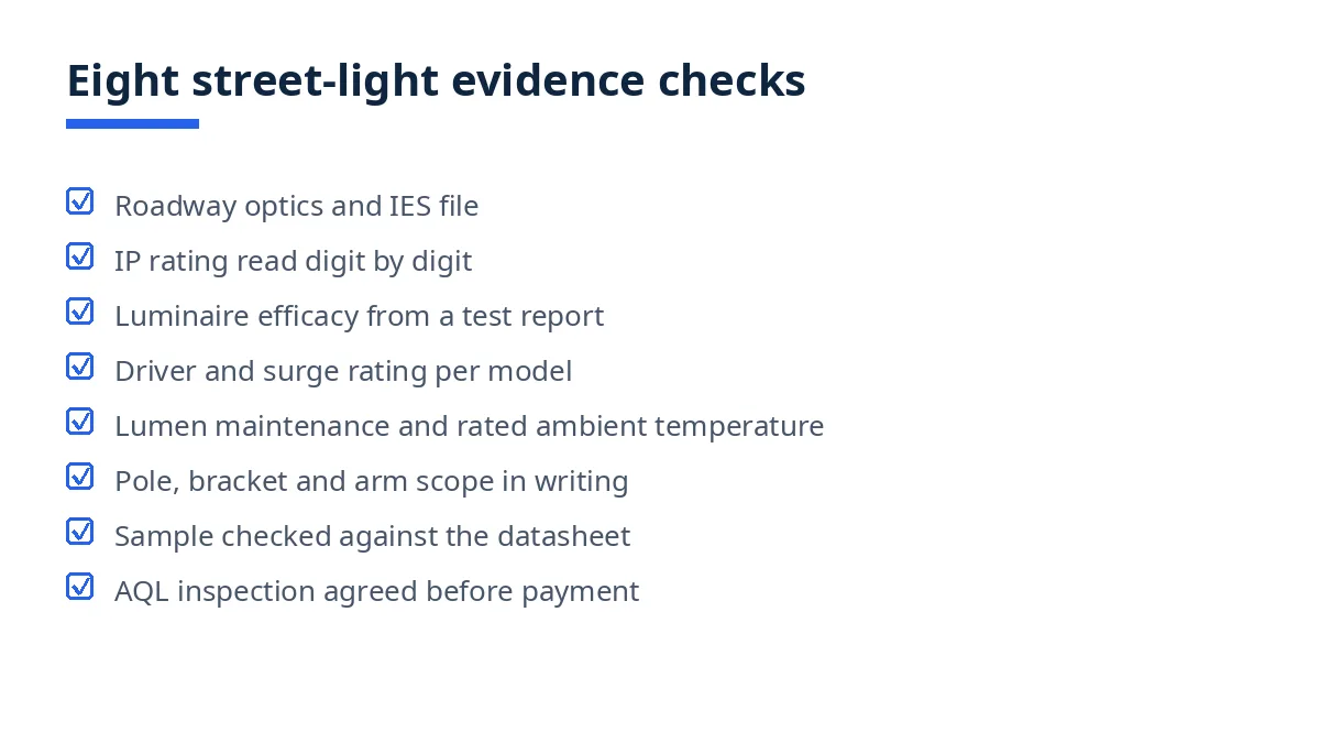 Diagram: eight street-light evidence checks from optics to inspection terms