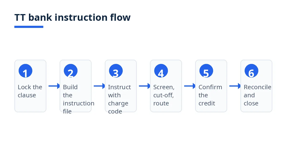 Diagram: six TT bank instruction steps, from locking the clause to reconciling the credit