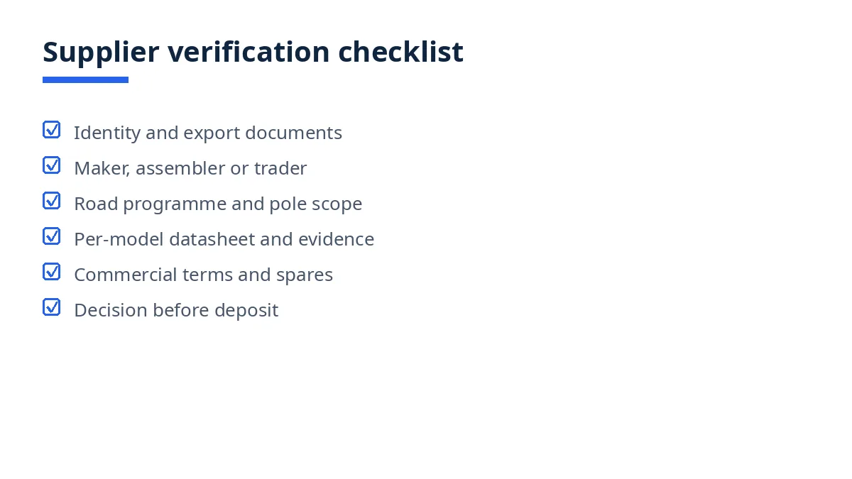 Diagram of the supplier verification checklist in six blocks, from identity documents to decision