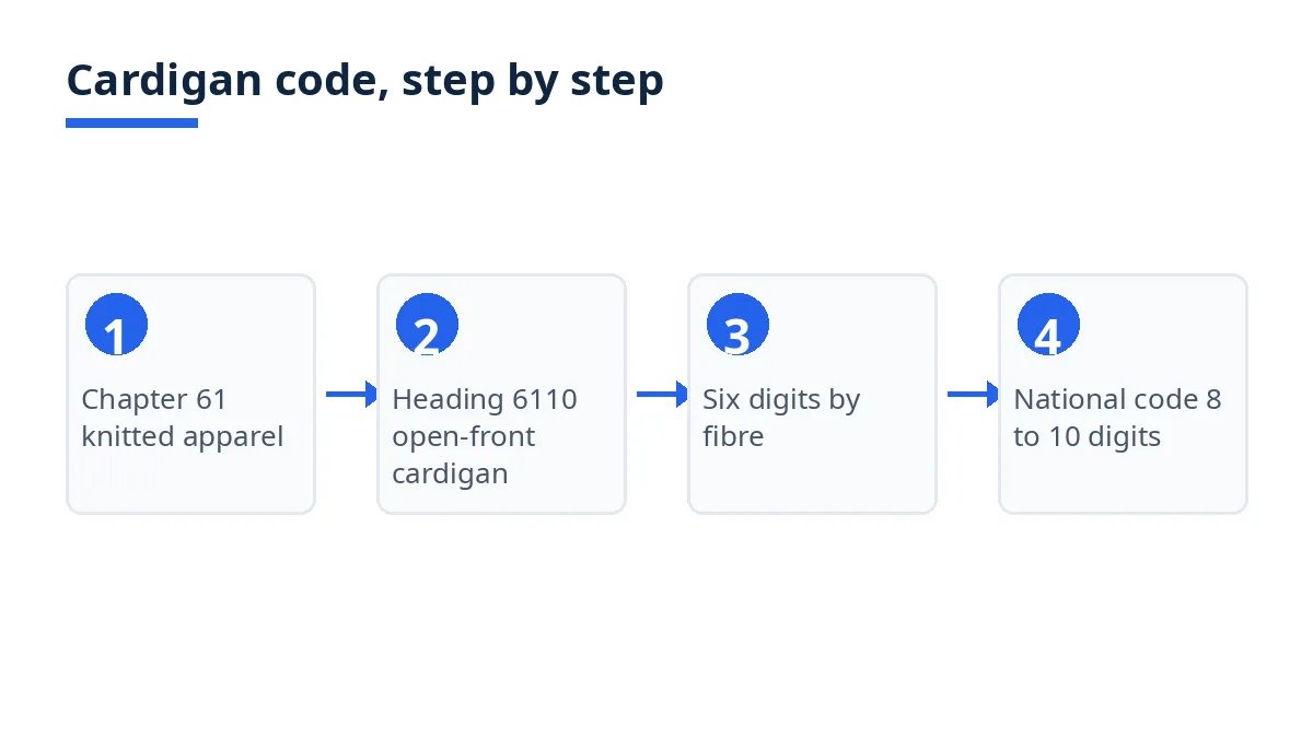 Diagram: HS code levels from chapter 61 to heading 6110, fibre subheading and national code