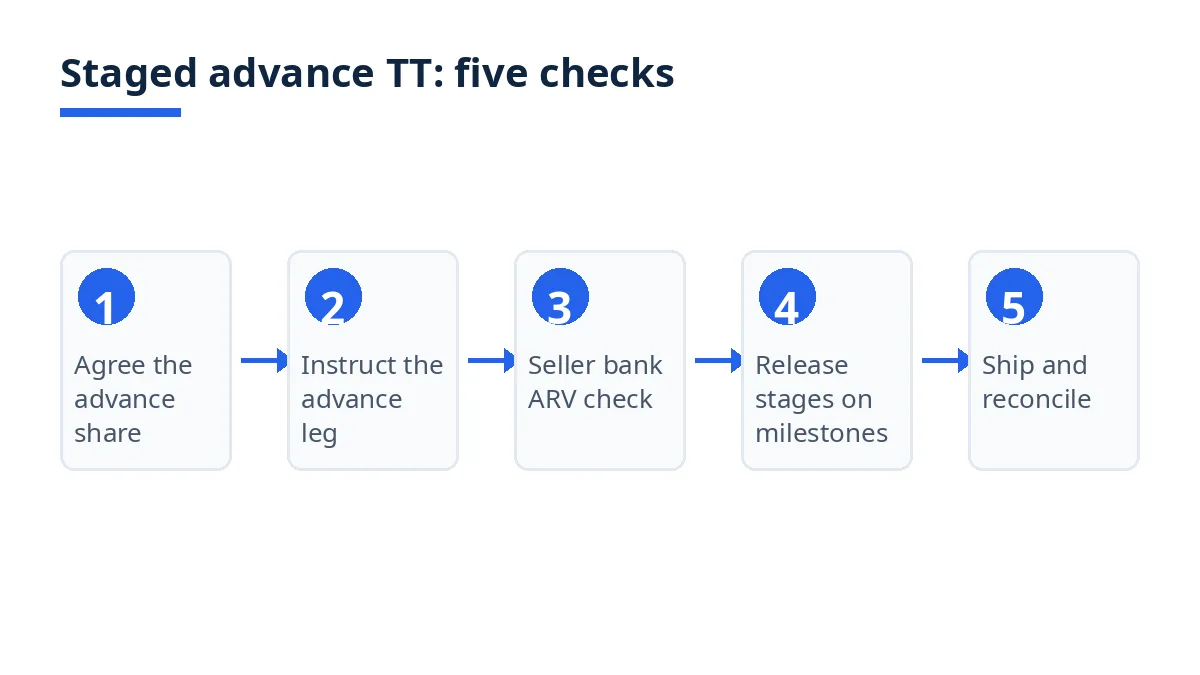 Diagram: five staged advance TT steps, from agreeing the advance share to shipping and reconciling