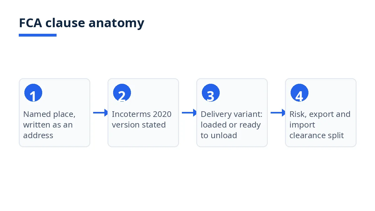 Diagram: FCA clause anatomy, named place, Incoterms 2020 version, and risk wording