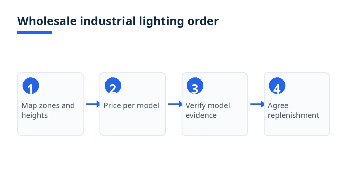 Diagram: four phases of a wholesale industrial lighting order, from zone map to replenishment terms