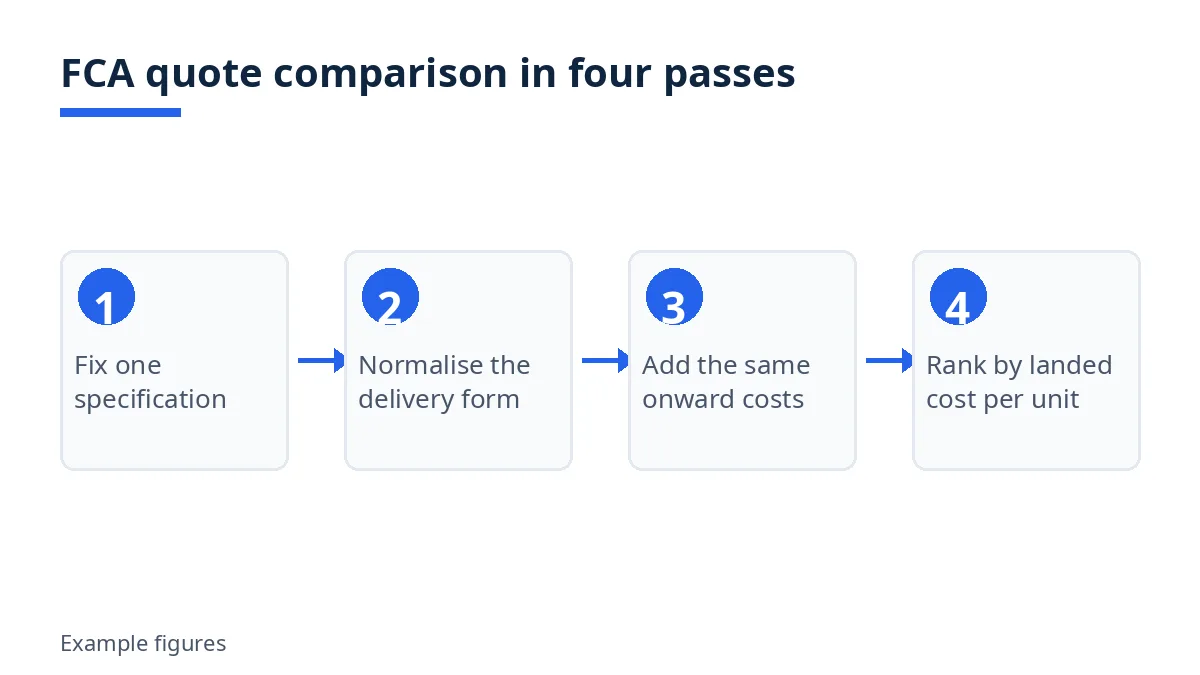 Diagram: four passes to compare FCA quotes, from fixing a specification to ranking by landed cost