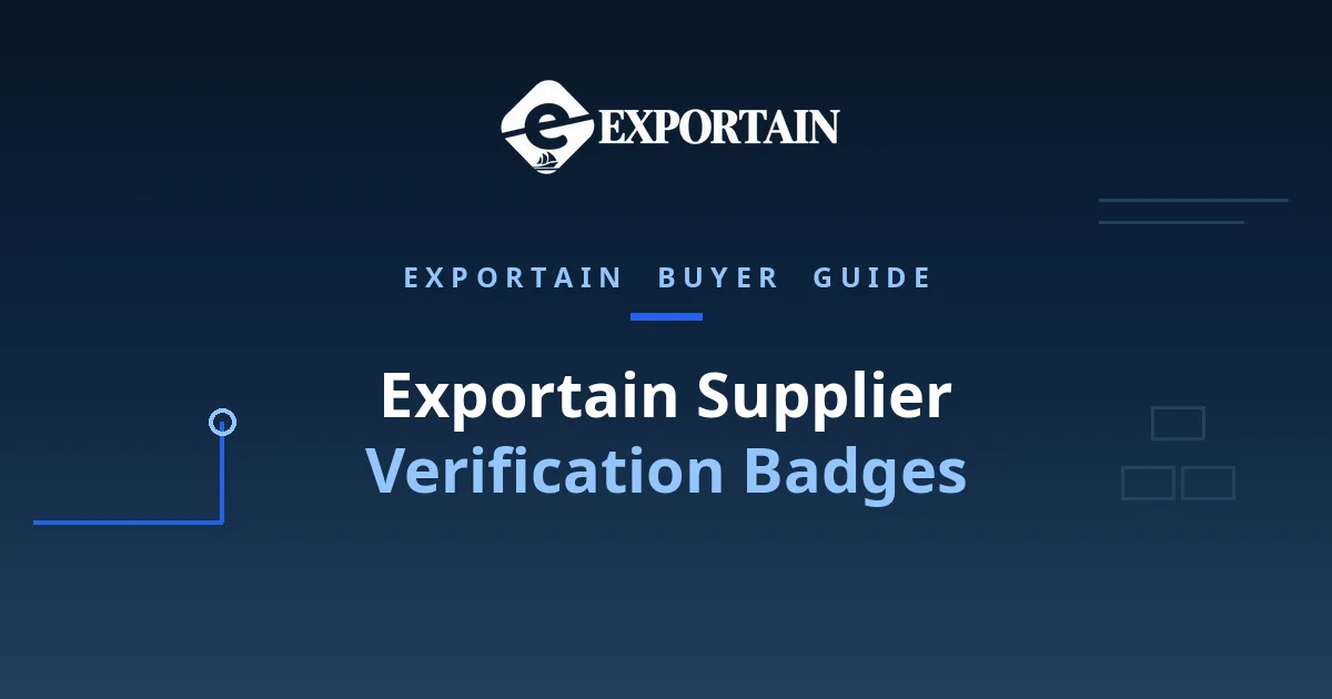 Navy title card: Exportain Supplier Verification Badges, an Exportain buyer guide