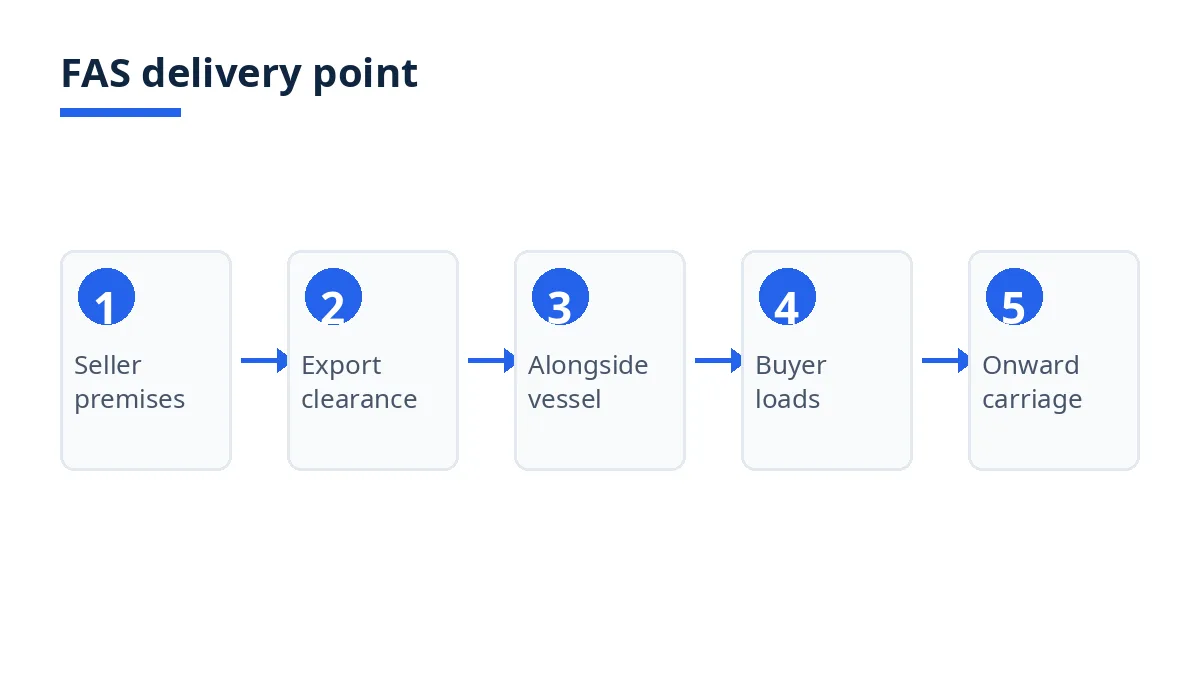 Diagram: FAS delivery point flow, seller premises to alongside vessel to buyer loading and onward carriage
