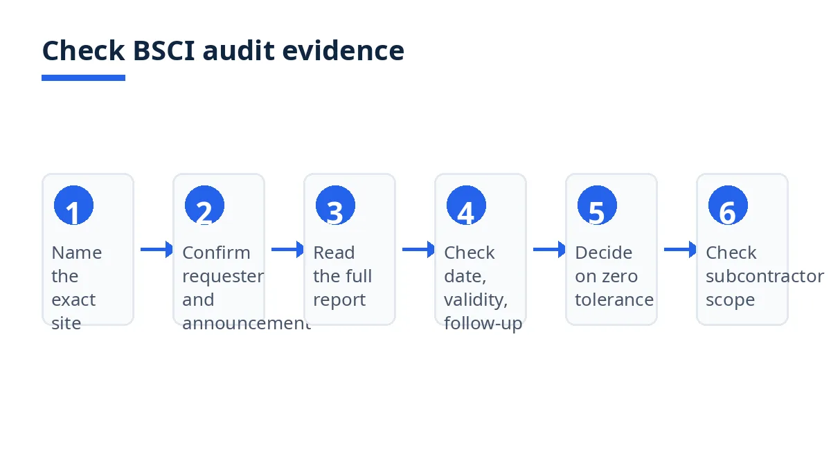 Diagram: six steps to check BSCI / amfori audit evidence, from exact site to subcontractor scope