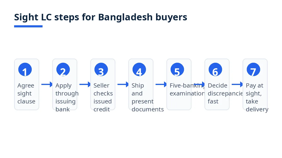 Diagram: seven sight-LC steps for Bangladesh buyers, from sight clause to payment and delivery