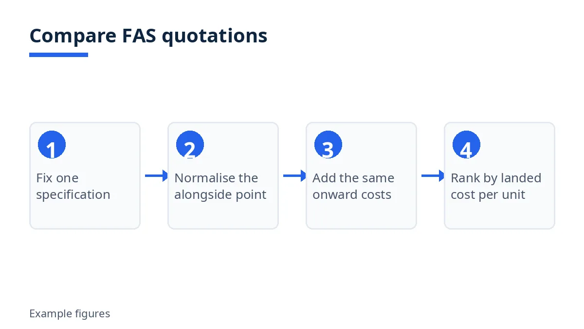 Diagram: four passes to compare FAS quotes, from fixing a specification to ranking by landed cost