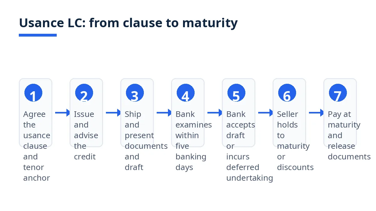Diagram: seven usance-LC steps for Bangladesh buyers, from usance clause to payment at maturity