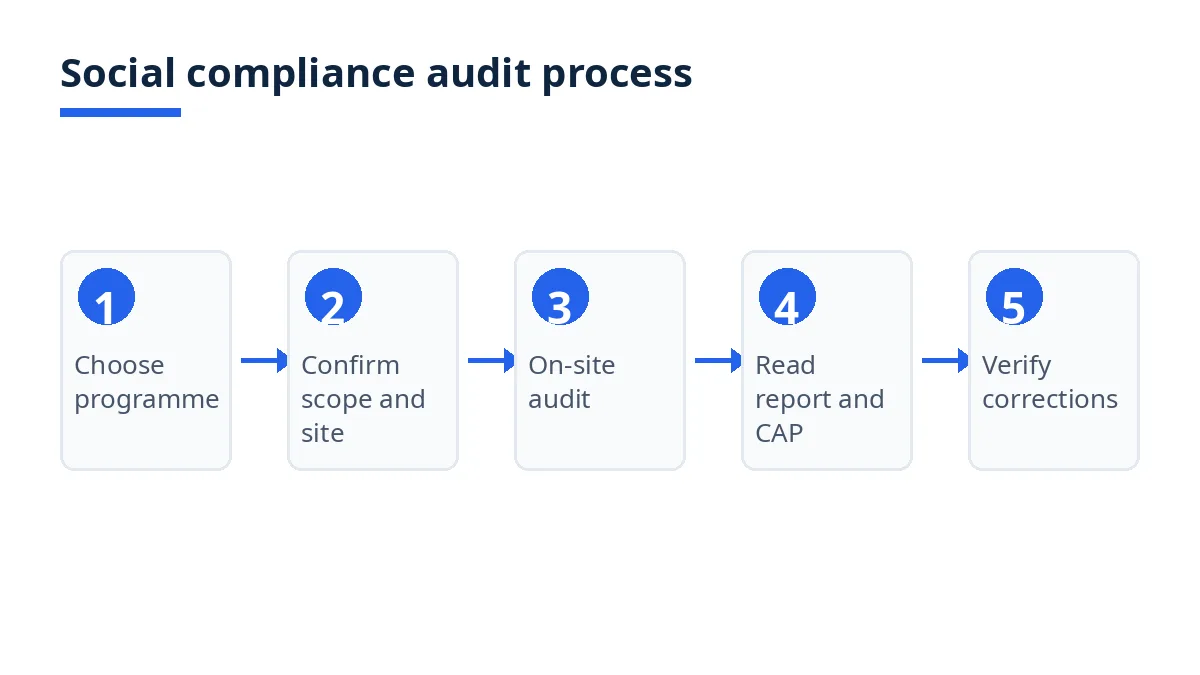 Diagram: five steps of a social compliance audit, from choosing a programme to verifying corrections