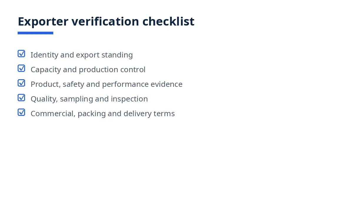 Diagram of the industrial lighting exporter verification checklist in five sections, from identity to delivery terms