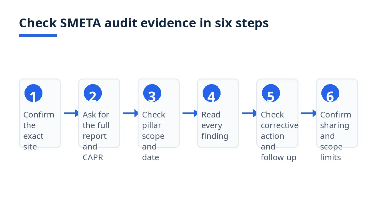 Diagram: six steps to check SMETA audit evidence, from exact site to sharing and scope limits