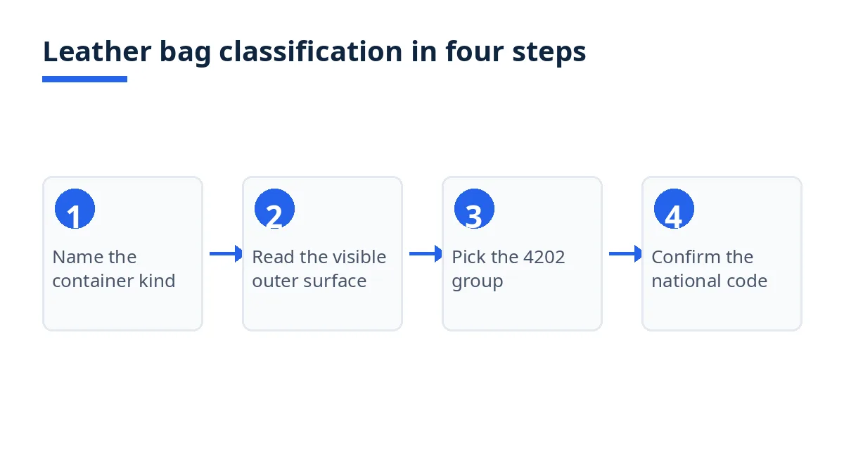 Diagram: leather bag classification in four steps, from container kind to national code
