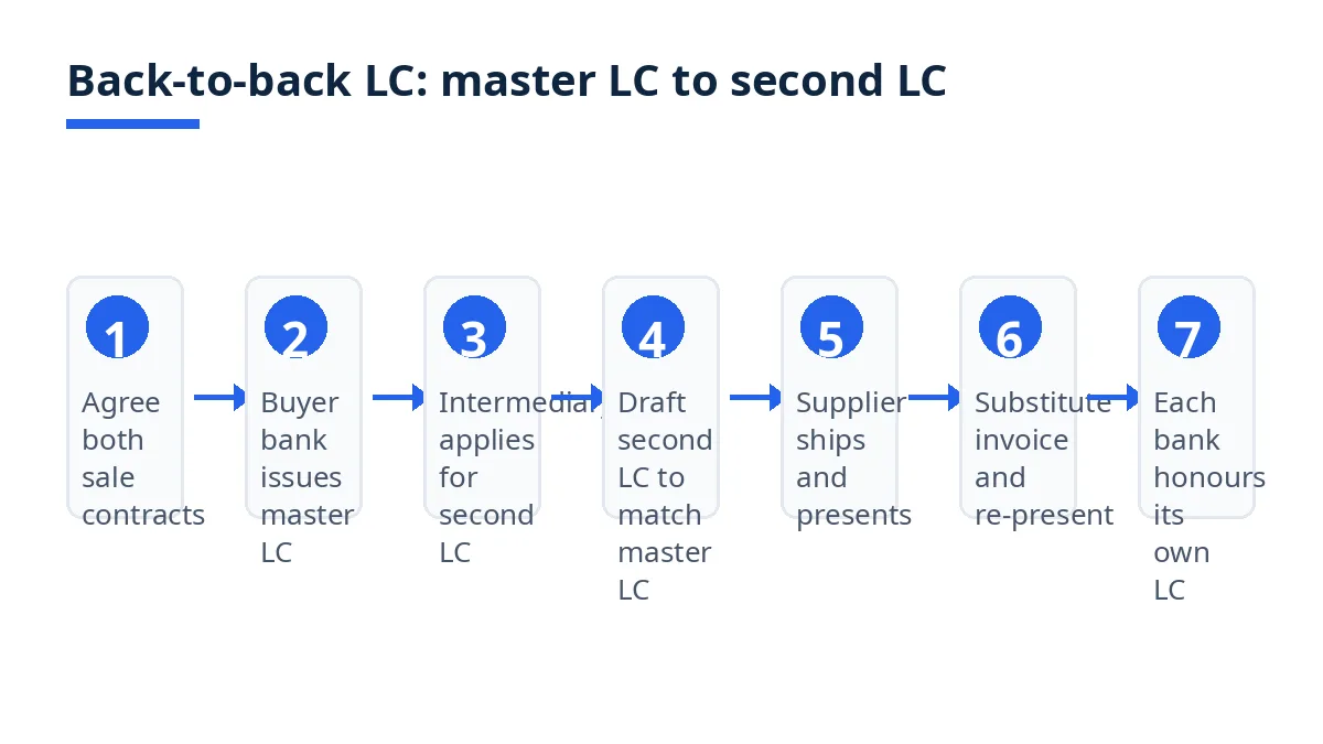 Diagram: seven back-to-back LC steps, from agreeing both contracts to each bank honouring its own LC