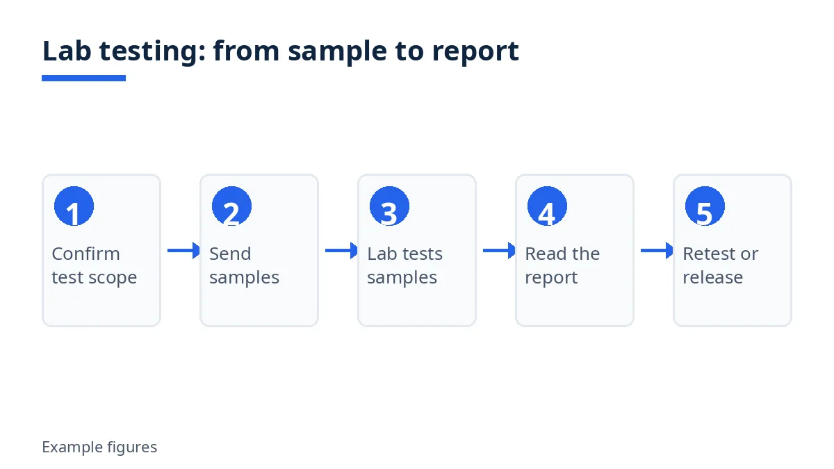 Diagram: five steps of lab testing, from confirming test scope to retest or release