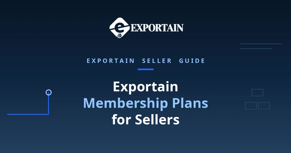 Navy title card: Exportain Membership Plans for Sellers, an Exportain seller guide