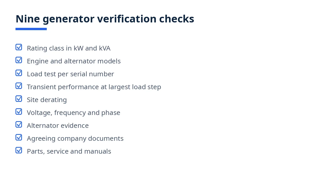 Diagram: nine generator verification checks, from rating class to parts and service