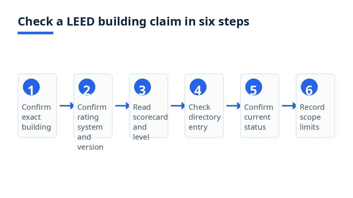 Diagram: six steps to check a LEED building claim, from exact building to current status