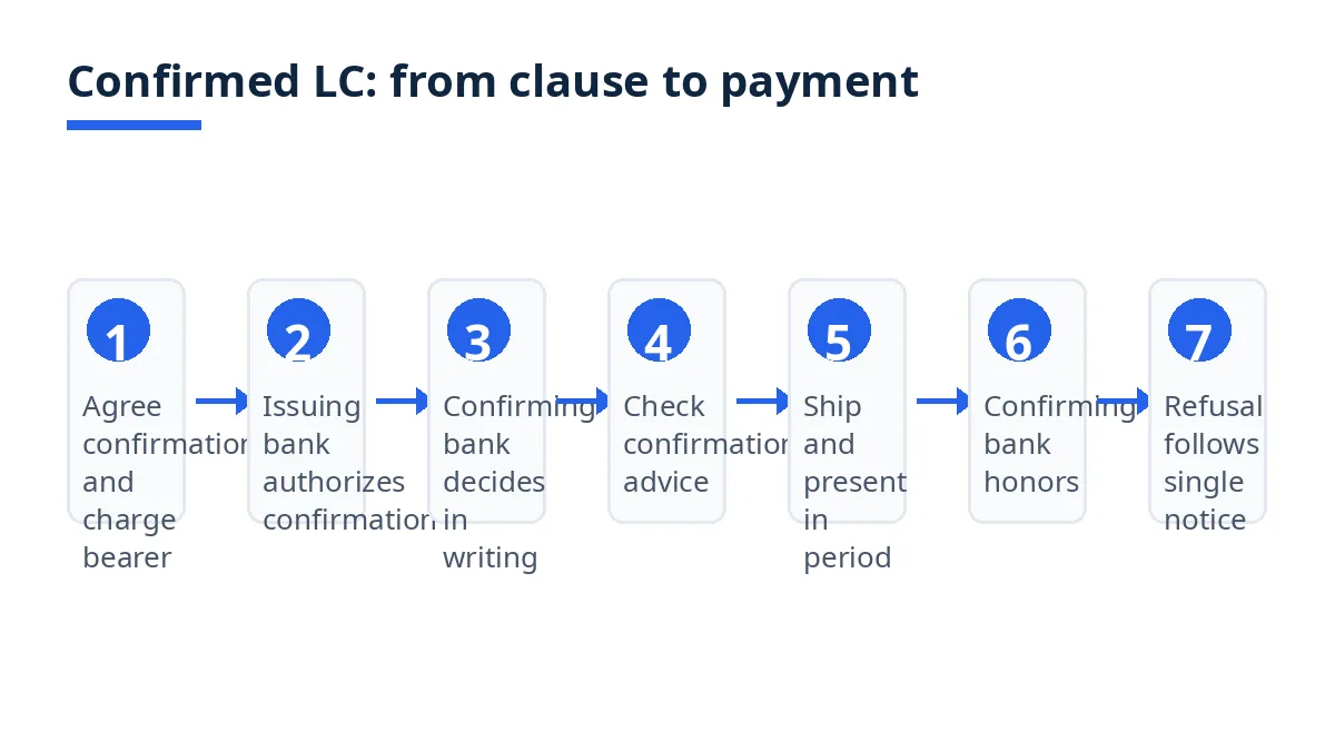 Diagram: seven confirmed LC steps, from contract clause to refusal notice