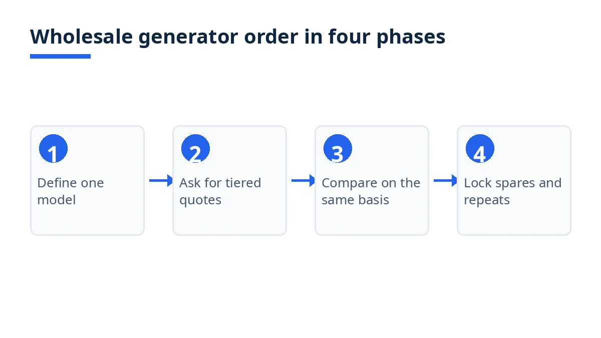 Diagram: four phases of a wholesale generator order, from specification to repeat terms