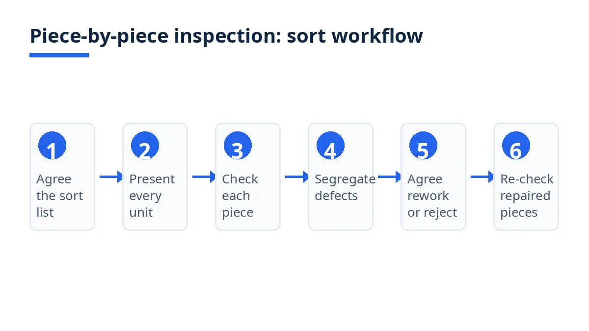 Diagram: six steps of piece-by-piece inspection, from agreeing the sort list to re-checking repaired pieces