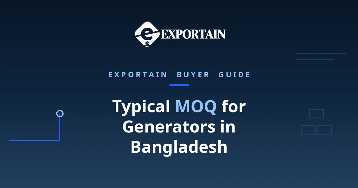 Navy title card: Typical MOQ for Generators in Bangladesh, with Exportain logo
