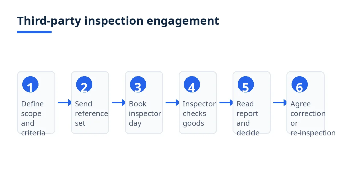 Diagram: six steps of a third-party inspection engagement, from defining scope to agreeing correction or re-inspection
