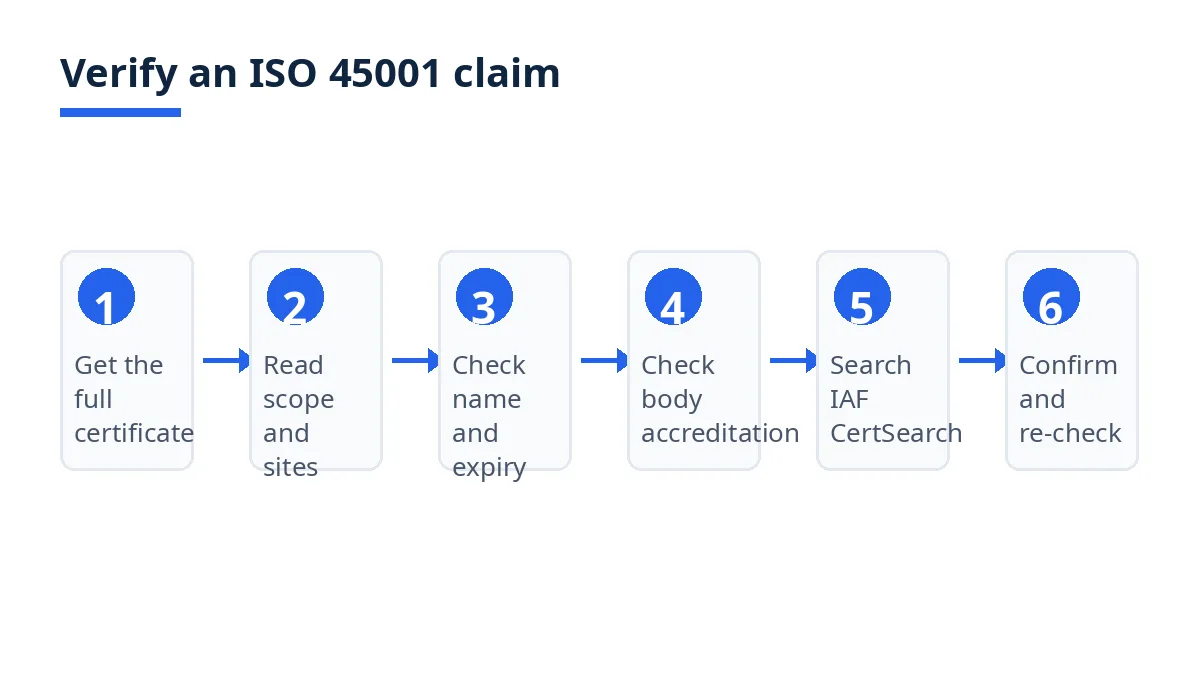 Diagram: six steps to verify an ISO 45001 claim, from certificate copy to certification-body confirmation