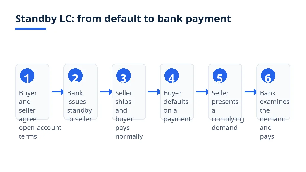 Diagram: six-step standby route, from open-account terms to bank payment on a complying demand