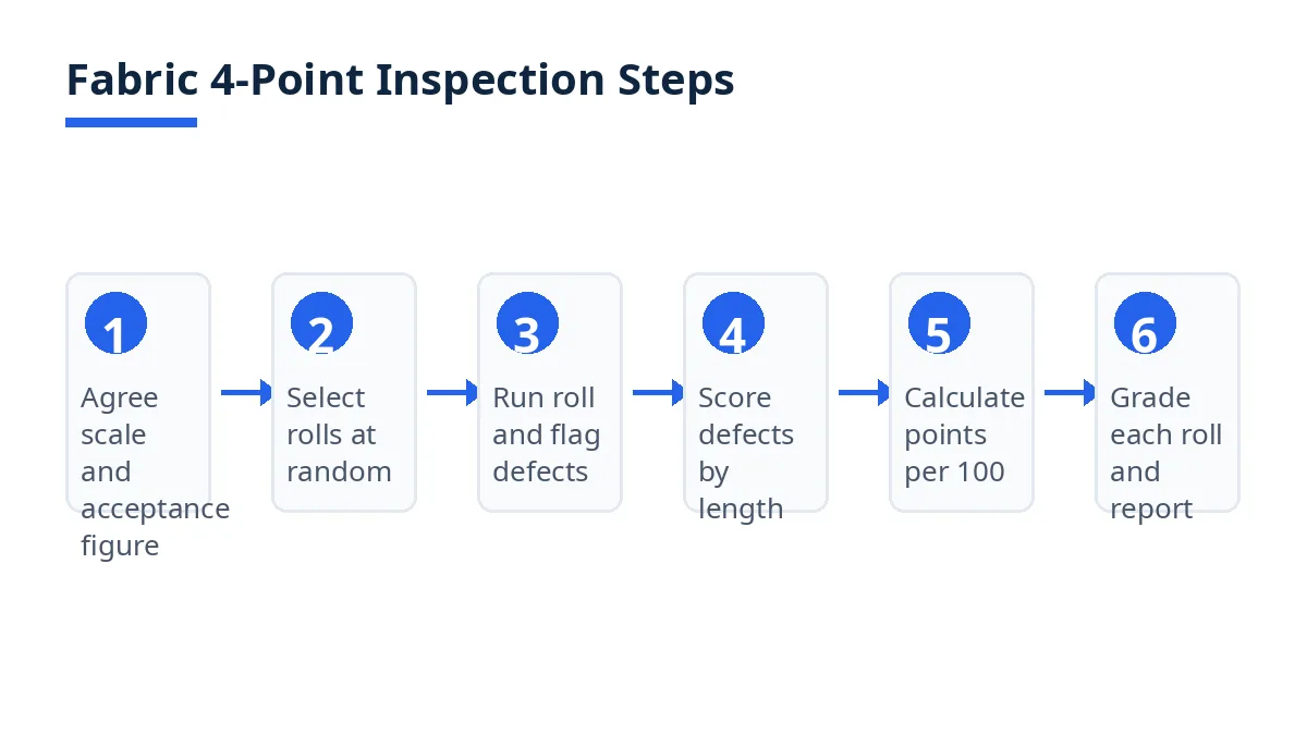 Diagram: six steps of a fabric 4-point inspection, from agreeing the scale to grading each roll
