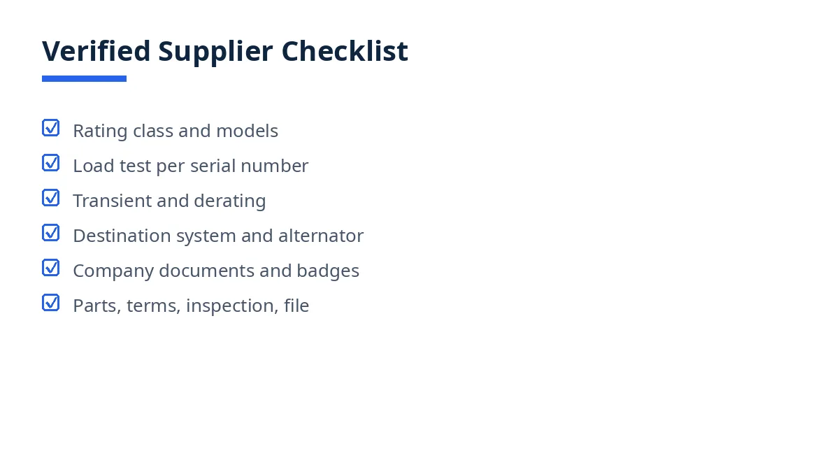 Diagram: six checklist groups, from rating class and models to parts, terms and evidence file