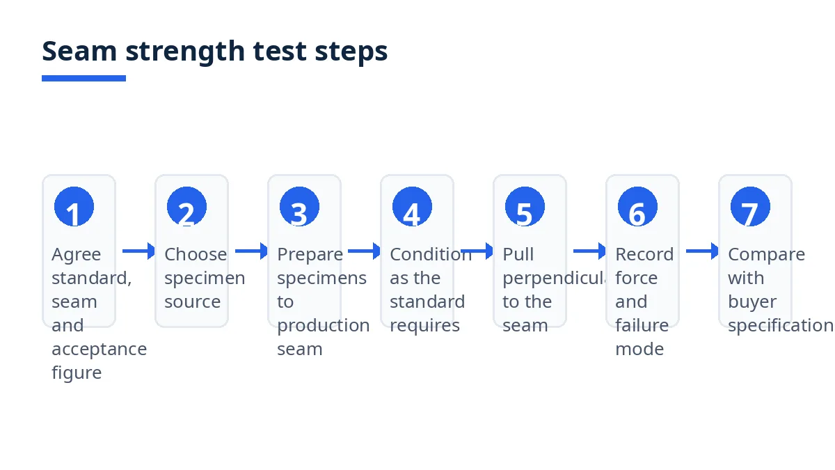 Diagram: seven steps of a seam strength test, from agreeing the specification to comparing the result with the buyer figure