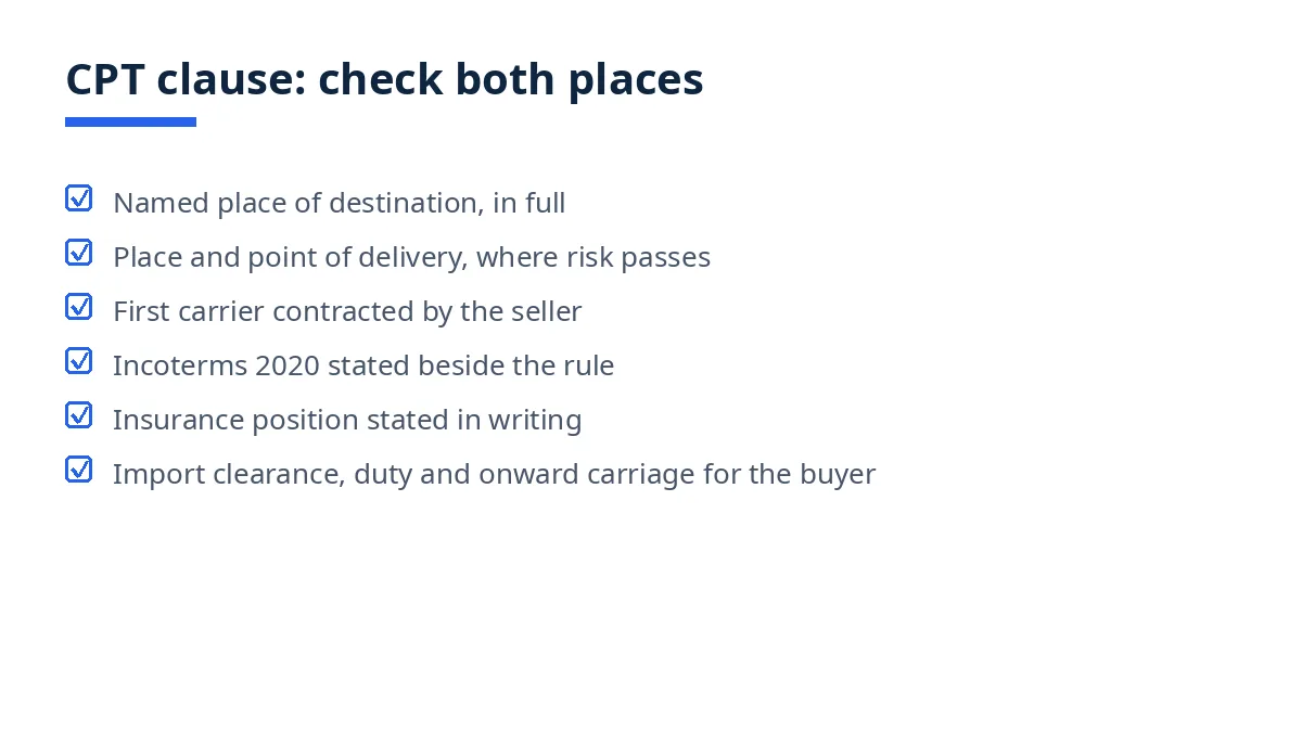 Diagram: CPT clause fields to check, from named destination and delivery point to first carrier and insurance