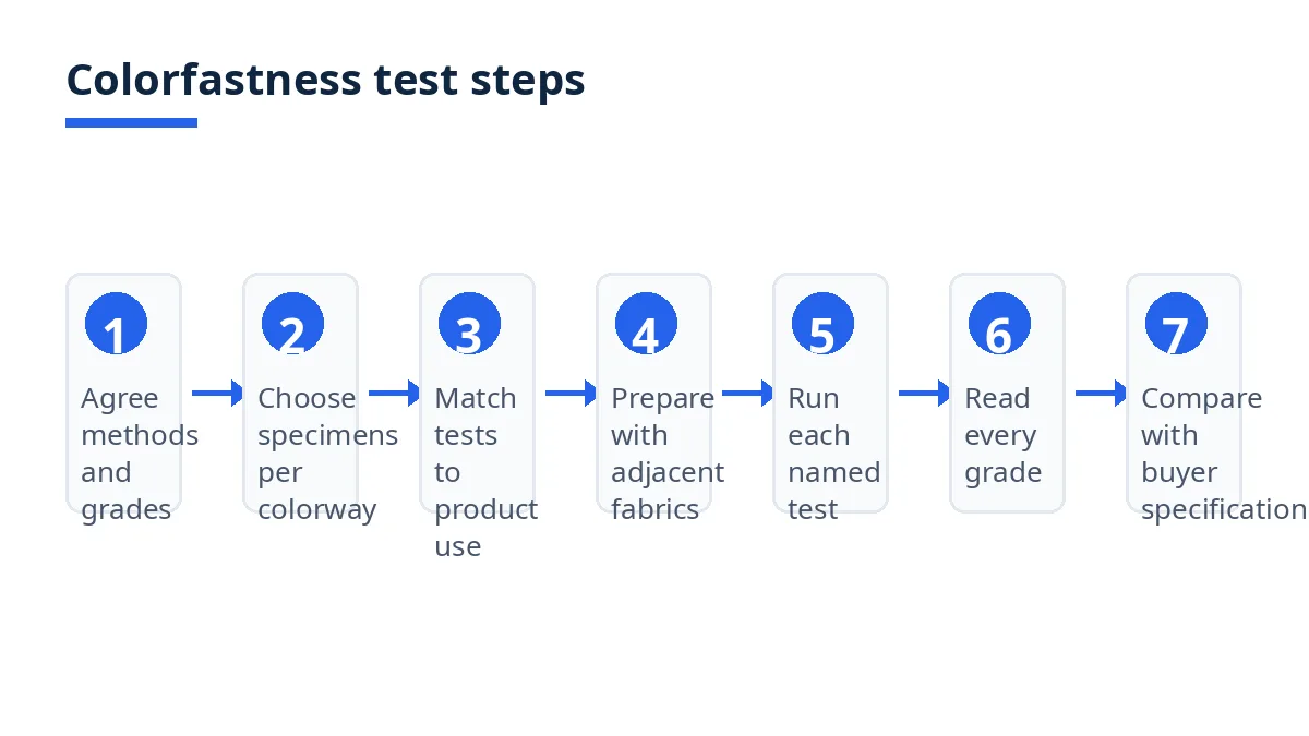 Diagram: seven steps of a colorfastness test, from agreeing methods to comparing results with the buyer specification