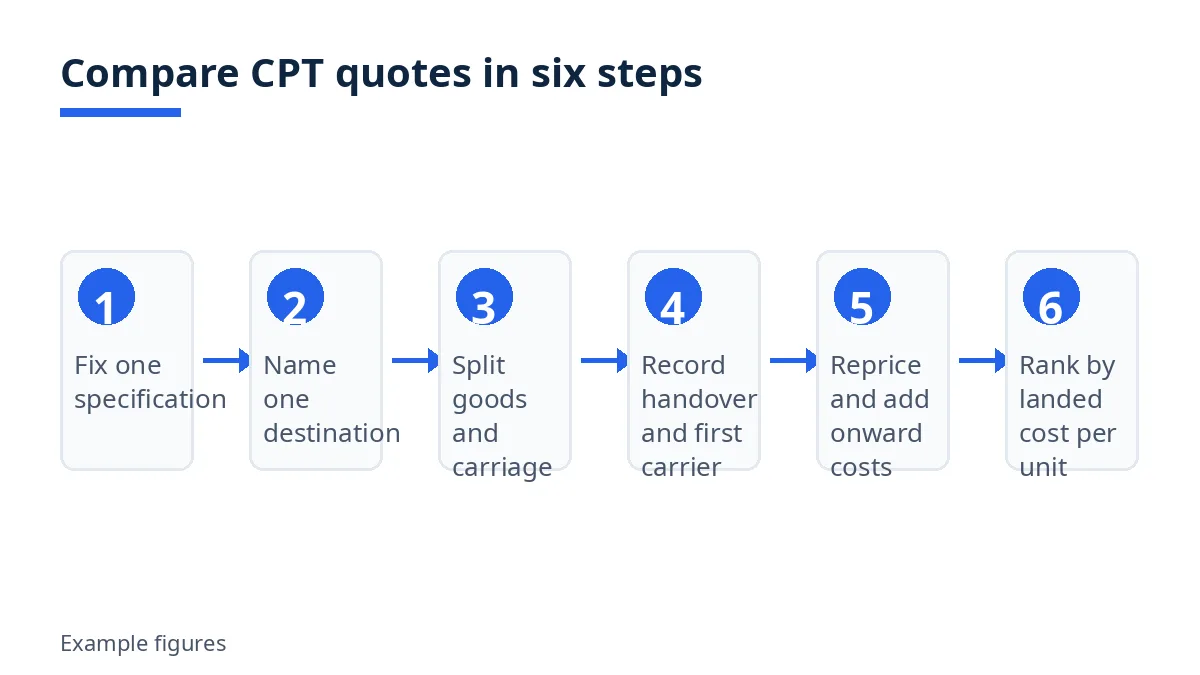 Diagram: six steps to compare CPT quotes, from fixing a specification to ranking by landed cost
